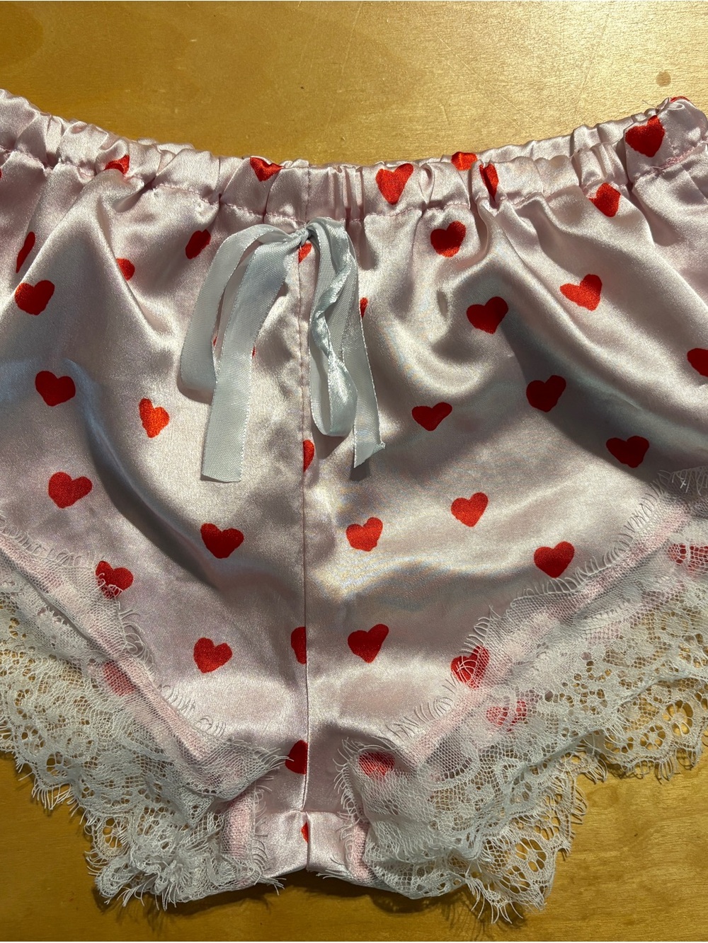 #52G - SHEIN Women's Pink Satin Heart-Print Sleep Shorts with Lace Trim - small